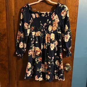 NWT Xhilaration Navy Blue and Pink Floral Peasant Long Sleeve Dress Size S